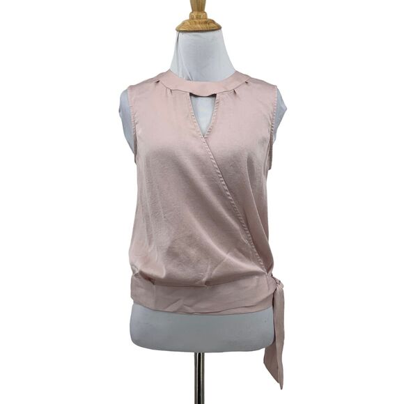Express Highneck Wrap Satin Blouse Womens XS Extra Small Ballet Pink Keyhole - Picture 1 of 12